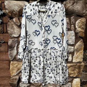 Sandro Silk Dress Floral Heart Print Long Sleeve Pockets White Large EU 40 Boho